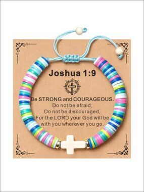 Cross Bracelet Baptism Christian Gift Adjustable Blue Clay Beads